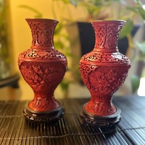 Pair of Antique Chinese carved Red Cinnabar Vases